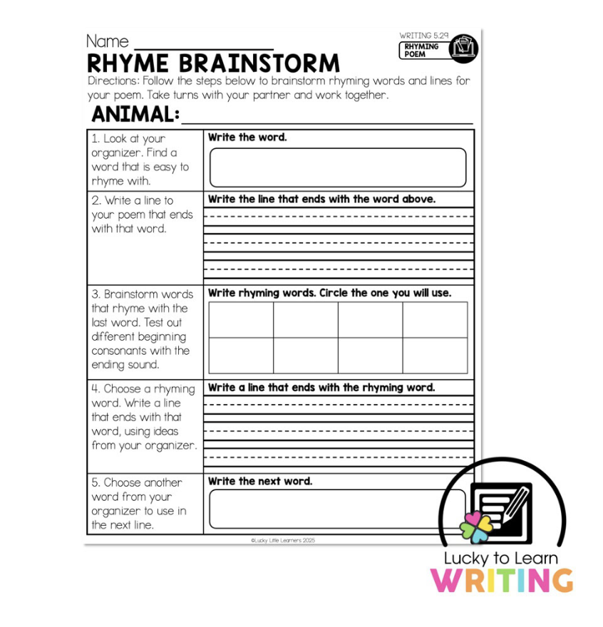Rhyme brainstorming worksheet for 2nd grade students to explore rhyming words, create lines for a rhyming poem, and collaborate with a partner in the process of writing a poem.